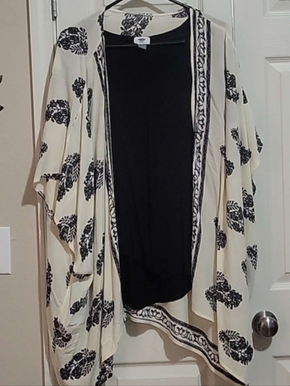 Boho Kimono Cardigan Cream Black Block Print Floral Rayon Open Front Duster L